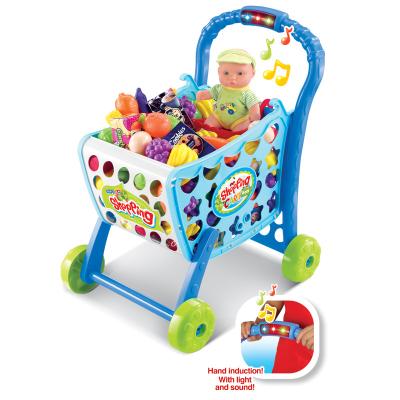 China Wholesale Kids Trolley Toy with Light and Sound Wholesale 3 in 1 Plastic Pretend Play Induction Supermarket Shopping Cart Toy for Kids for sale