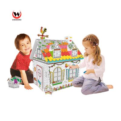 China DIY Drawing Cardboard Play House for Kids Amazon Hot Drawing and Coloring Cardboard Play House Coloring Pens Room DIY House Kids Paper Educational Doodling Toys for sale