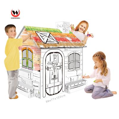 China Wholesale DIY Cardboard Play Drawing House For Kids Children Drawing Playhouse Paintable Folding Indoor Toys For Children for sale