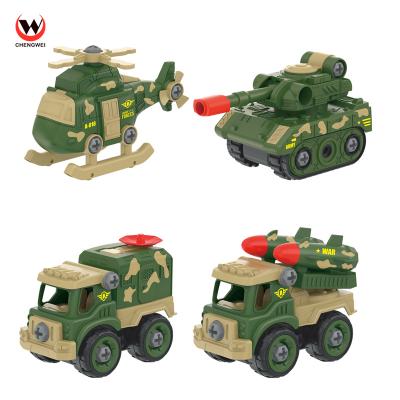 China Mini Plastic Car Toys 4 in 1 DIY Assemble Engineering Toy Cars Plastic Take Apart Car Truck Set Toy Car Military Toys for Kids for sale