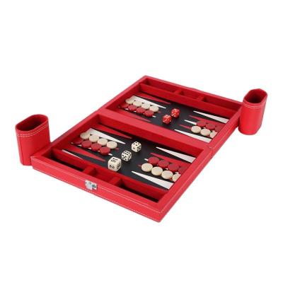 China Foldable Classic Luxury Wooden Red Faux Wood Backgammon Style PU Travel Board Game Board Game Backgammon Set for sale