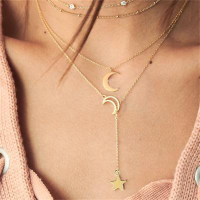 China TRENDY Drop Shipping Gold Plated Multilayer Stainless Steel Moon Star Bar Necklace for sale