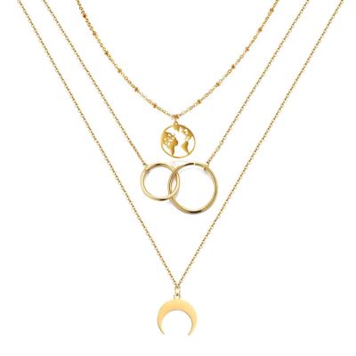 China TRENDY drop shipping gold plated stainless steel world map circle double moon multilayer necklace for sale