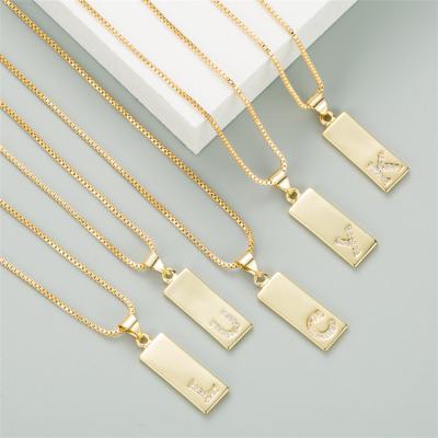 China Trendy/Classic Personalized Cubic Zirconia Gold Plated Square Bar Letter Necklace Copper Pendant Necklace For Women for sale