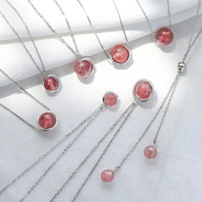 China FASHIONABLE Wholesale Minimalist 925 Sterling Silver Simple Rose Quartz Crystal Ball Strawberry Pendant Necklace for sale