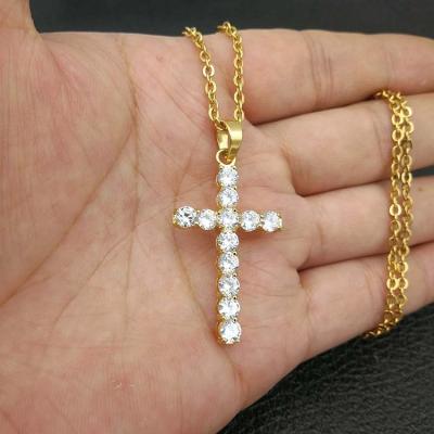 China FASHIONABLE Gold Tasty Crystal Diamond Hops 18k Hip Necklace Stainless Steel Cross Religious Necklace For Women for sale