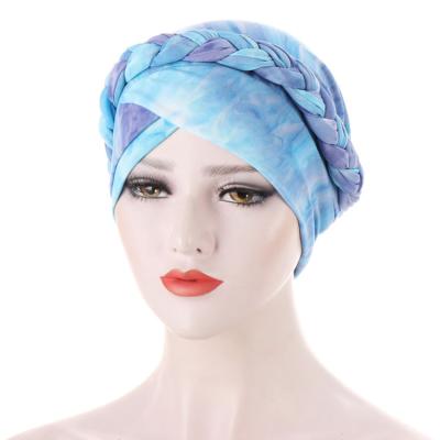 China New European American Style Tie Dye Braid Hat With Short Braid Hidden Hair Turban Hat Tie Dye Hijab Under Scarves Muslim Hijab Hat for sale