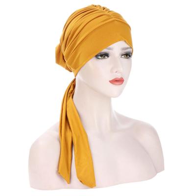 China New Solid Color Crystal Linen Long Tail Bow Multicolor Hood Hijab Hats American European Turban Hat Pleated Hijab for sale