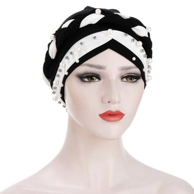 China Spring and Autumn New Muslim Two Color European American Beaded Hijab Hats Inner Braid Headscarf Hijab Head Cap Bandana Hijab for sale