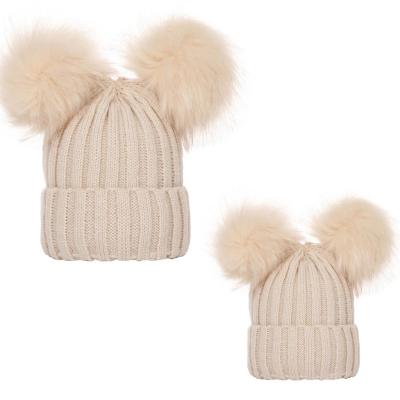 China COMMON Double Fleece Flip Ball Mother and Pom Hat Winter Cable Knit Striped Beanie Faux Fur Snow Outdoor Ski Warm Knitted Hat for sale