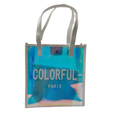 China Recyclable Fashionable Custom Size Holographic Transparent PVC Tote Shopping Handbag for sale