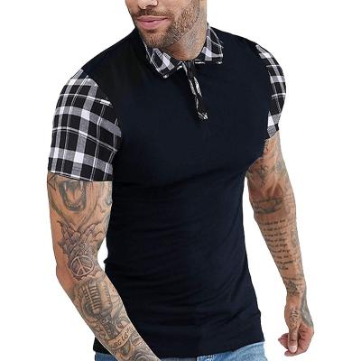 China 2022 New Anti-wrinkle Polo Shirt Summer Men Short Sleeve Zipper Plaid T-shirt Splicing Top for sale