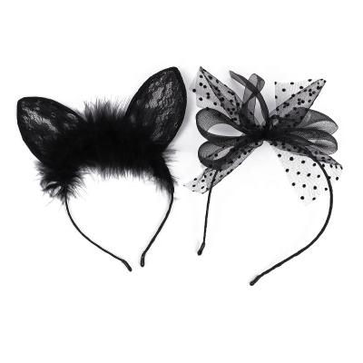 China European and American Style Wholesale Price Girls Party Cute Black Lace Cat Ears Hairband Bowknot Hair Accessories Headband for sale