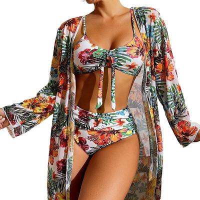 China Custom 2023 Removable Padded Plus Size Swimsuit 3 Piece Swimwear Beach Wear Print Bikini Dress Cover Up Swimwear Bikini for sale