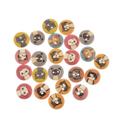 China 15mm Cute Sustainable 2 Hole Cat Animal Printed Natural Wood Round For Kids Clothing for sale