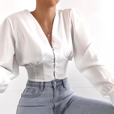 China 2021 High Fashion V-neck Long Sleeve Crop Top Anti-pilling Shirt Woman White for sale