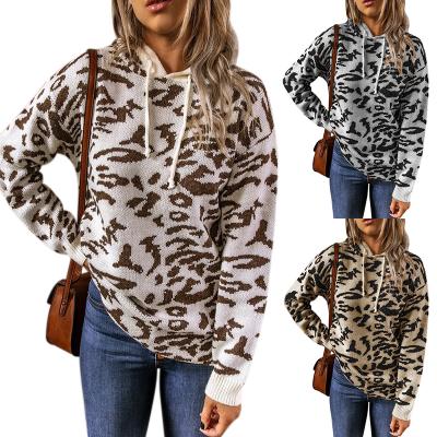 China 2021 Style Drawstring Women's Breathable Western Hoodie Sweater Autumn Knitted Leopard Sweaters For Ladies for sale