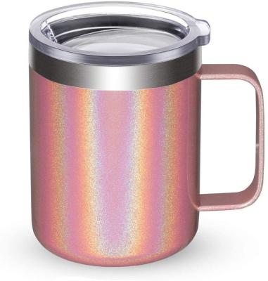 China Vivid 12oz Glitter Stainless Steel Insulated Coffee Mug With Double Handle Wall Vacuum Travel Mug Tumbler Cup With Slide Lid for sale