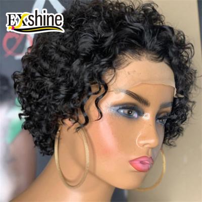 China Silky Straight Wave Wig Dangle Short Pixie Cut Curly Wig 180% Density Hair, Pixie Wigs Bleached Knots, T Lace Up Wig With Baby Remy Bob Hair for sale