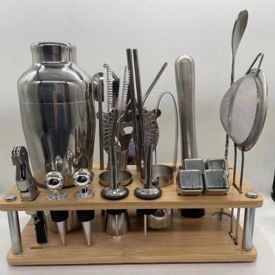 China Cocktail Shaker Set Factory Direct Sale 18 Pieces Cocktail Shaker With Kit Holding Base Oval Wooden Professional Bar Bar for sale