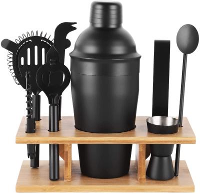 China Morden Hot Sale Stainless Steel Matte Black Bartender Kit Set With Bamboo Stand for sale