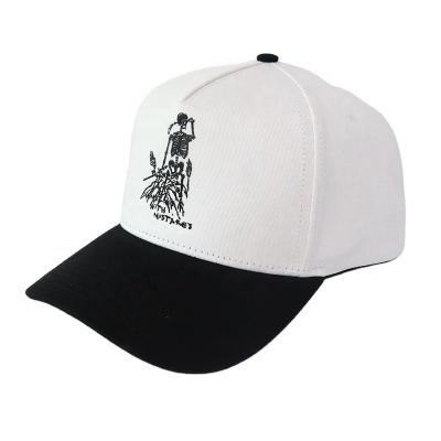 China Low MOQ Good Price COMMON Baseball Cap Hat Custom Design White 5 Panel Hat Embroidery Logo Hat With Black Brim for sale