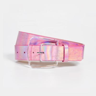 China Iridescent Pink Iridescent Women's Ladies Cowhide Leather Clear Transparent Acrylic Buckle Waist Belt for sale