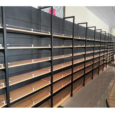 China Double Sided Retail Supermarket Furniture Grocery Display Wooden Metal Wooden Shelf for sale