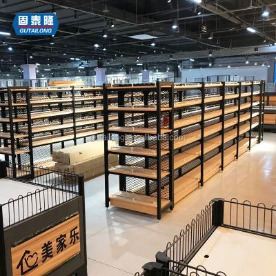 China Double Sided Steel Wooden Shelves Supermarket Store Shelf Wooden Gondolas for sale