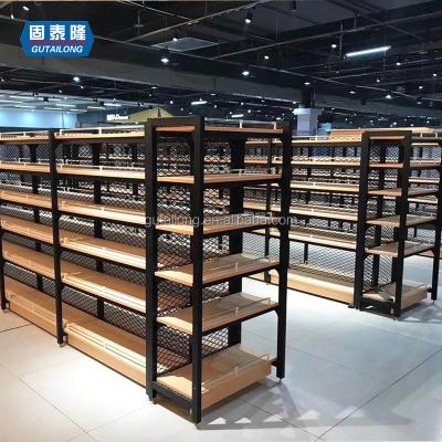 China Double Sided Wooden Shelf Shop Rack Store Supermarket Gondola Wooden Shelving for sale