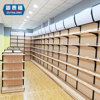 China Double-Sided Cheap Store Shelves Display Rack Retail Store Display Stands Supermarket Gondola Wooden Shelf Wooden Shelf Store Shelf for sale