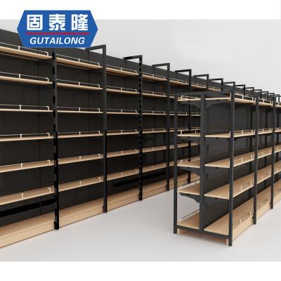 China Double Sided Retail Store Shelving System Supermarket Shelves Wooden Shelves For Stores Super Market Equipment Store Wooden Shelves Gondola for sale