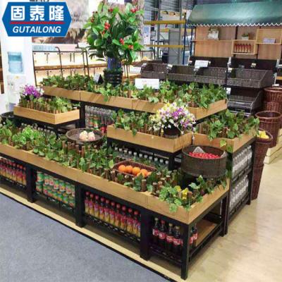 China Double Sided Supermarket Shelves Steel Wooden Fruit And Vegetable Display for sale