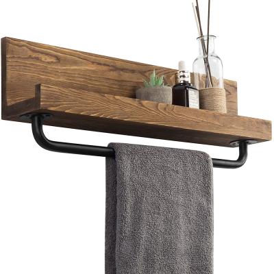 China Sustainable antique style burned wood wall mounted storage rack with industrial black pipe towel. for sale