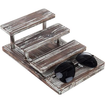 China Wholesale Solid Wood Rustic Torched Wooden Retail Sunglasses Display Stand 4--Match Eyewear Glasses Rack for sale