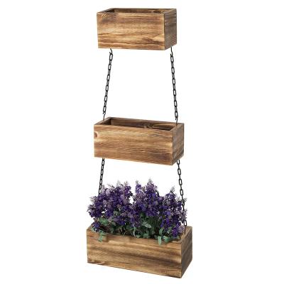 China Modern direct rustic style 3 tier decoration wall hanging supply wooden flower box with black metal chain. for sale