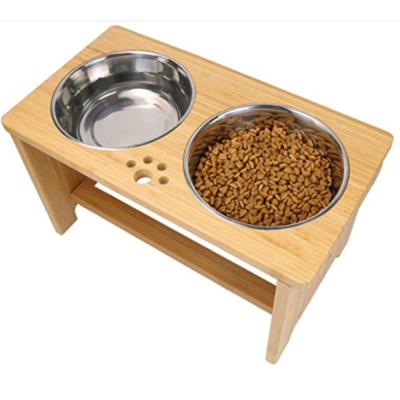 China Sustainable Adjustable Overhead Bamboo Dog Cat Stainless Steel Dog Food and Water Holder Pet Feeder Bowl. for sale