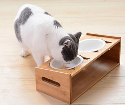 China Sustainable Hot Selling Products Double Dog And Cat Food Bamboo Ceramic Water Bowl With Wooden Stand. for sale