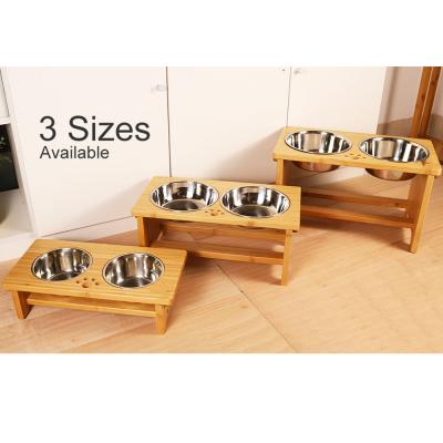 China Factory Direct Supply Sustainable Bamboo Cat Food Raised Dog And Water Bowls Stand Feeder With 2 Stainless Steel Bowls for sale