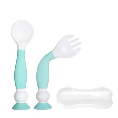 China Viable Crank Cute Silicone Baby Crank Fork Fork Spoon Set Eco Friendly for sale