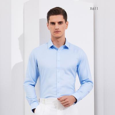 China Luxury High Quality Anti Wrinkle Office Blue Long Sleeved Mens Business Formal Dress Shirt For Masculine Men With Bamboo Fiber Polyester Fabric for sale