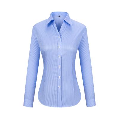 China Anti Wrinkle Women's Business White With Blue Striped Shirts Long Sleeve Women's Casual Blouse Tops Stripes V-neck Blouse for sale