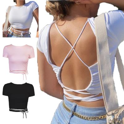 China Hot Selling Women's Breathable Voile Hollow Out Backless Top Strap Cropped Sleeve Bandage T-shirt Backless Sweater for sale