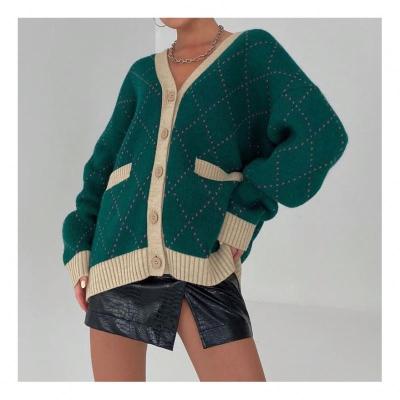 China Anti-Wrinkle Women Sweater Autumn Oversized Knitwear Tops Long Sleeve V-Neck Cropped Cardigan Argyle Knitting Sweater For Women for sale