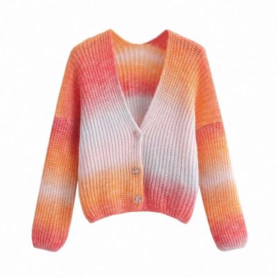 China Anti-wrinkle autumn 2021 women casual traf crop fall top drop shoulder orange fuzzy tie dye knit cardigan women sweaters for sale