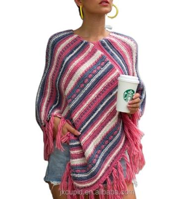 China Fashion Quality Women Lady Tassel Poncho Striped Sweater Anti-shrink Striped Sweater Cheap Nice Winter Autumn Spring Pullover Sweater Knitting for sale