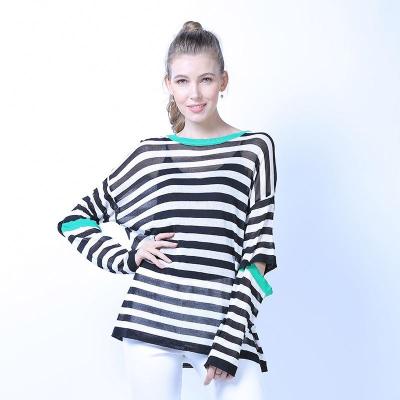 China 2021 Summer Breathable Micro Transparent Knit Sunblock Shirt Women Thin Canvas Long Sleeves Knit Pullover Striped Loose T-Shirt for sale