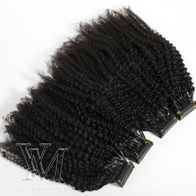 China Textured Raw Afro Hair Extensions VMAE 1g*100 Virgin Cuticle Aligned 10pcs/weft Natural Color 4A Texture 6D 1st Generation Prebonded Hair Extensions for sale