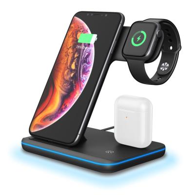 China Mobile wireless watch + phone+ earphone charging 3 IN 1Wireless charger station, 15w QI fast charging stand for smart phone watch earphone black for sale