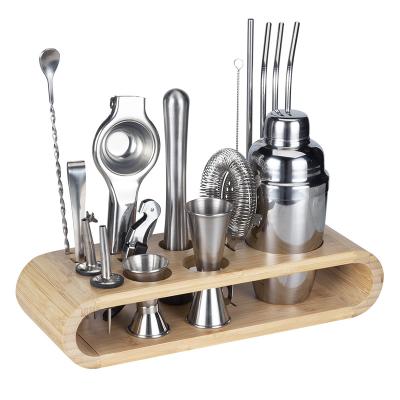 China Viable Professional Barware Tools Wooden Rack Stainless Steel Bartender Kit Bar Accessories Cocktail Shaker Set for sale